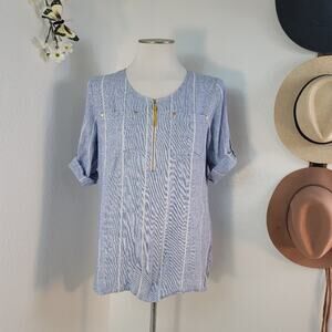 ELLEN TRACY 100% Linen Zipper Striped Tunic Blouse Roll Tab 3/4 Sleeve Hi-Lo M